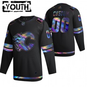 Camisola Calgary Flames Personalizado 2021-22 Preto holográfico iridescente Authentic - Criança